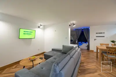 a living room with a couch and a tv on a wall at Exclusive Apartment Centrum in Wadowice