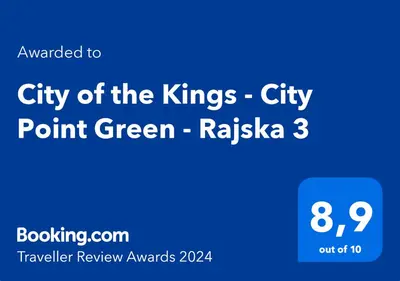 a blue sign with the text city of the kings city point green russia at City of the Kings - City Point Green - Rajska 3 in Kraków