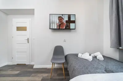 a bedroom with a bed and a mirror on the wall at Liv Apartments Old Town in Kraków