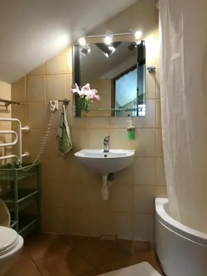 a bathroom with a sink and a mirror and a toilet at APARTAMENTY-STUDIO noclegi wczasy wakacje ferie - pobyty rodzinne in Rabka