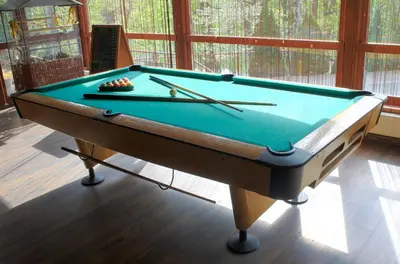 a pool table with two cuesticks on top of it at Ośrodek Szkoleniowo Wypoczynkowy ROŻNÓW in Rożnów