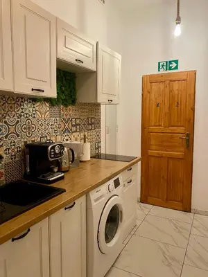 a kitchen with a washing machine and a washer at Topolove Rooms & Apartments in Kraków