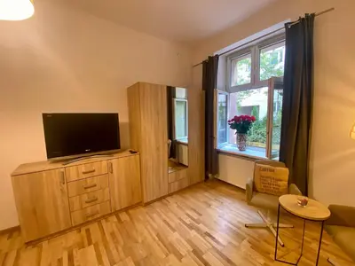 a living room with a flat screen tv and a window at Topolove Rooms & Apartments in Kraków