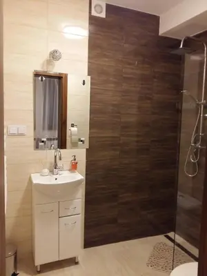 a bathroom with a sink and a shower at PoziomKA in Jaszczurowa