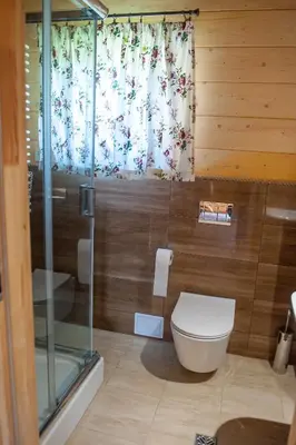 a bathroom with a toilet and a glass shower at Domki Zagroda Domek z bala z basenem & sauna & balia z hydromasażem in Słopnice