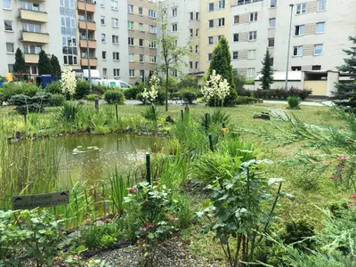 a garden with a pond in front of some buildings at Cystersów 10 by Atrium Apartments in Kraków