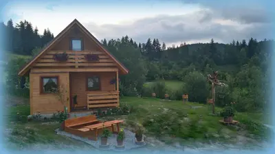 a cabin in the middle of a field with trees at Ranczo Zapole in Zasadne