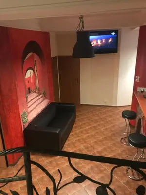 a living room with a couch and a flat screen tv at Piwnica in Miechów