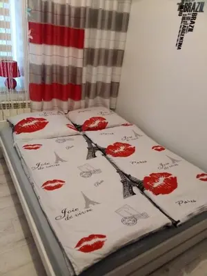 a bed in a room with red flowers on it at Torino in Zator