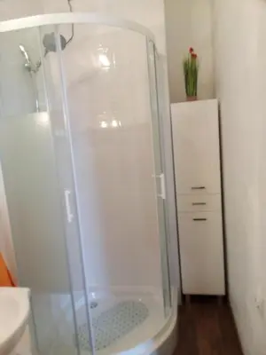 a shower with a glass door in a bathroom at Torino in Zator