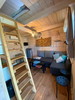 a living room with a couch and a ladder at Brzozowy Gaj in Bachowice