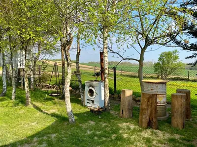 an old stove sitting in the grass next to trees at Brzozowy Gaj in Bachowice