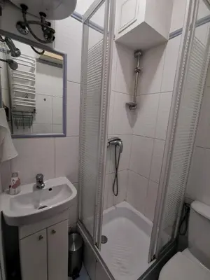 a bathroom with a shower and a sink and a toilet at Krakow Centrum Gurgacza Apartments in Kraków