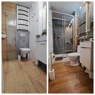 two images of a bathroom with a toilet and a shower at Apartament Na Szkolnej in Zator