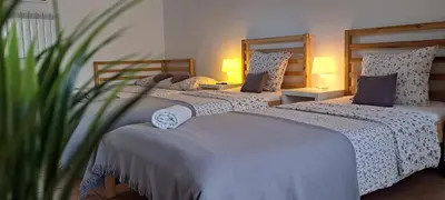 two beds sitting next to each other in a bedroom at Apartament Na Szkolnej in Zator