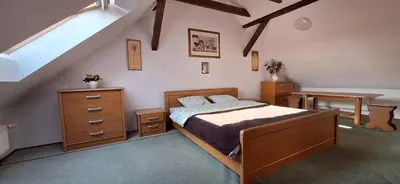 a bedroom with a bed and a wooden dresser at Dom nad Wisłą in Czernichów
