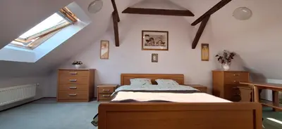 a bedroom with a bed and some skylights at Dom nad Wisłą in Czernichów