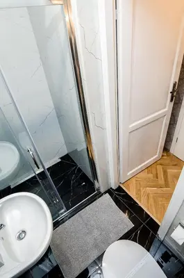 a bathroom with a sink and a shower and a toilet at Cracovia Wawel Apartments in Kraków