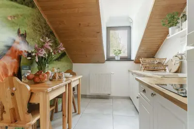 a kitchen with wooden ceilings and a wooden table at Pokoje Gościnne Cheval in Kraków