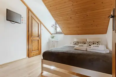 a bedroom with a large bed with a wooden ceiling at Pokoje Gościnne Cheval in Kraków