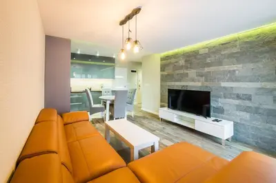 a living room with an orange couch and a fireplace at Apartament Rakowicka 14 Deluxe Old Town WAWELOFTS in Kraków