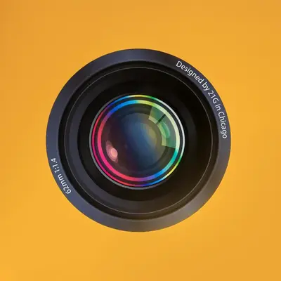a black camera lens on a yellow background at City Vibes Apartments in Kraków