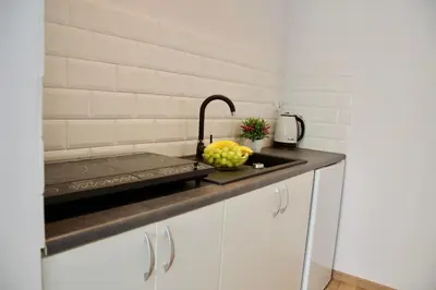 a kitchen counter with a sink and a bowl of fruit at Apartamenty ZORZA in Kraków