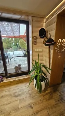 a room with a plant sitting on the floor next to a window at Agroturystyka U Misia in Niedźwiedź