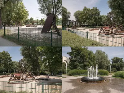 a collage of photos of a park with a bench and a fountain at OLSZA RESIDENCE Cozy & quiet 2 level apartment in Kraków