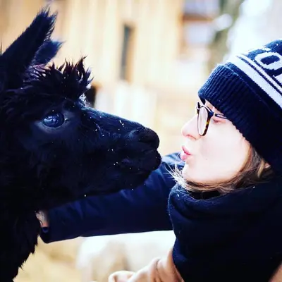 a woman is standing next to a black goat at Chata Pod Lasem in Poręba