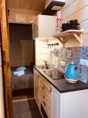 a kitchen with a sink in a tiny house at Chata Pod Lasem in Poręba