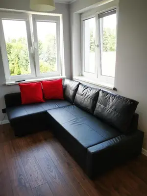 a black leather couch in a living room with two windows at Apartament Cyprys 2 in Oświęcim
