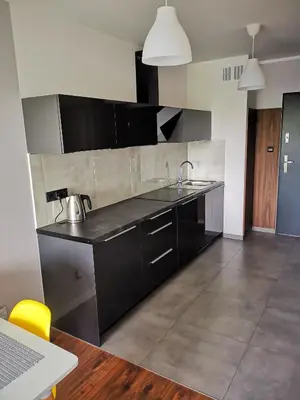 a kitchen with black cabinets and a sink at Apartament Cyprys 2 in Oświęcim