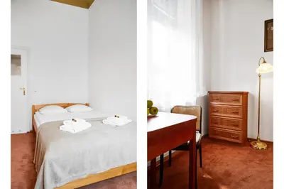 a bedroom with a bed and a desk and a dresser at Top Location Apartments Topolowa Street in Kraków