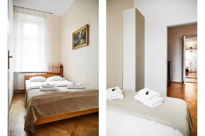 two pictures of a bedroom with two beds at Top Location Apartments Topolowa Street in Kraków