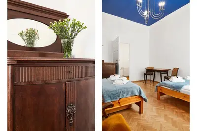 two pictures of a room with a bed and a mirror at Top Location Apartments Topolowa Street in Kraków