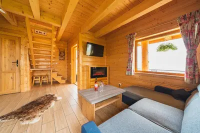 a living room in a log cabin with a fireplace at Domki Gorce Klikuszowa Sauna Jacuzzi in Klikuszowa