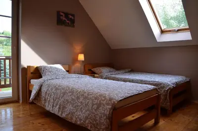 two beds in a room with two windows at Dom w Beskidach in Stryszawa