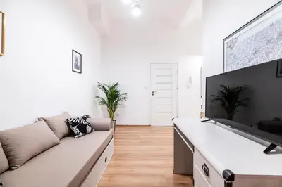 a living room with a couch and a tv at Dietla 32 Residence - ideal location in the heart of Krakow, between Main Square and Kazimierz District in Kraków