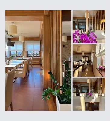 a collage of photos of a restaurant with purple flowers at Hotel Łokietek in Czajowice