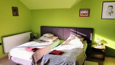two beds in a room with green walls at Dom Gościnny Wisteria in Andrychów