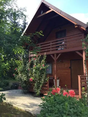 a log cabin with flowers in front of it at Domek Nad Brzegiem in Witanowice