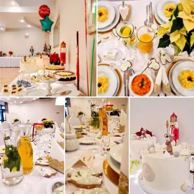 a collage of photos of a white table with food at Hotel Victoria in Olkusz