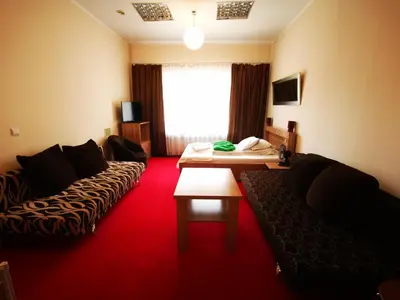 a hotel room with a couch and a bed at Wyspa Mszanka in Mszana Dolna