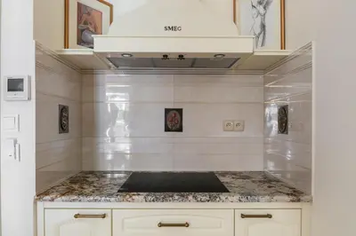 a kitchen with a counter top with a stove at Apartamenty Pod Baranem in Kraków