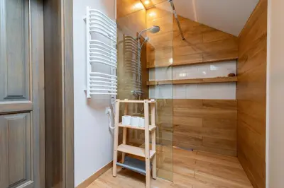 a bathroom with a glass shower and a wooden wall at Willa Lavinka z sauną in Zawoja