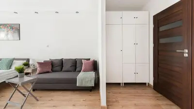 a living room with a couch and a door at Wiślane Tarasy, Sun & Snow in Kraków
