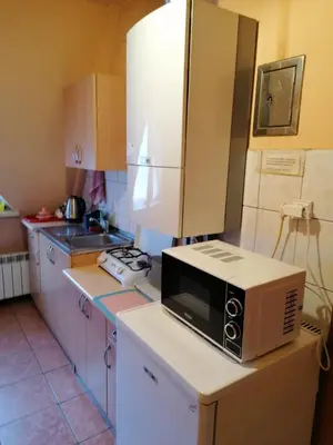 a kitchen with a microwave on top of a refrigerator at Pokoje nad Rabą in Myślenice