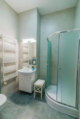 a bathroom with a shower and a sink at Oak Tree Old Town Apartments in Kraków
