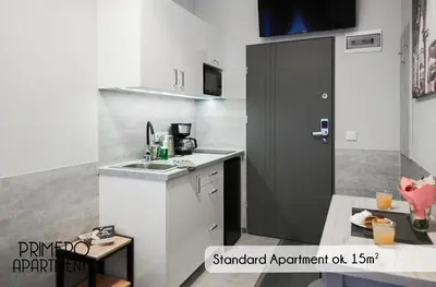a small kitchen with a sink and a black door at PRIMERO Elegant Apartments KRAKÓW Old Town in Kraków